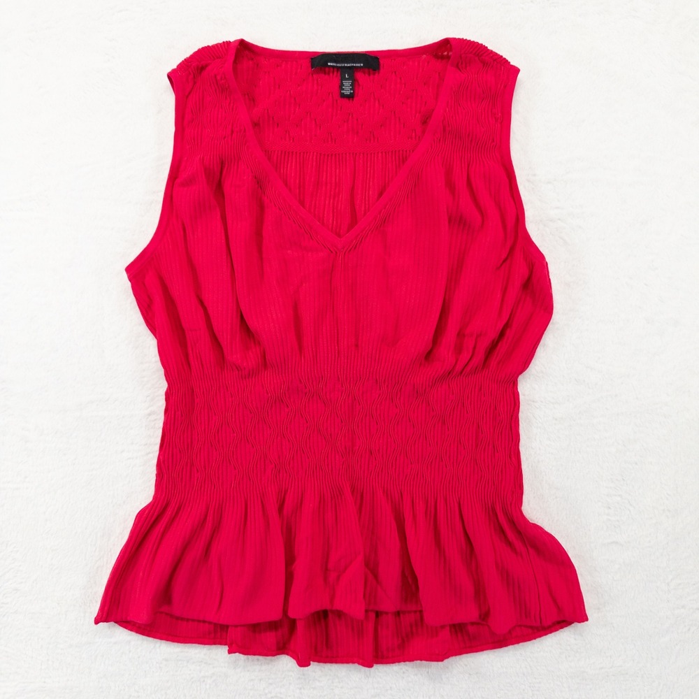 White House Black Market Top Womens Large Pink Smocked Peplum V-Neck Blouse